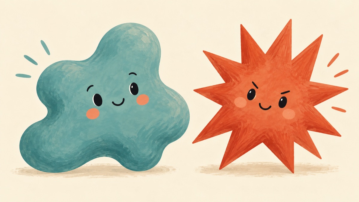 Two shapes side by side: a soft, rounded blob most people call 'bouba' and a jagged, spiky star most people call 'kiki'