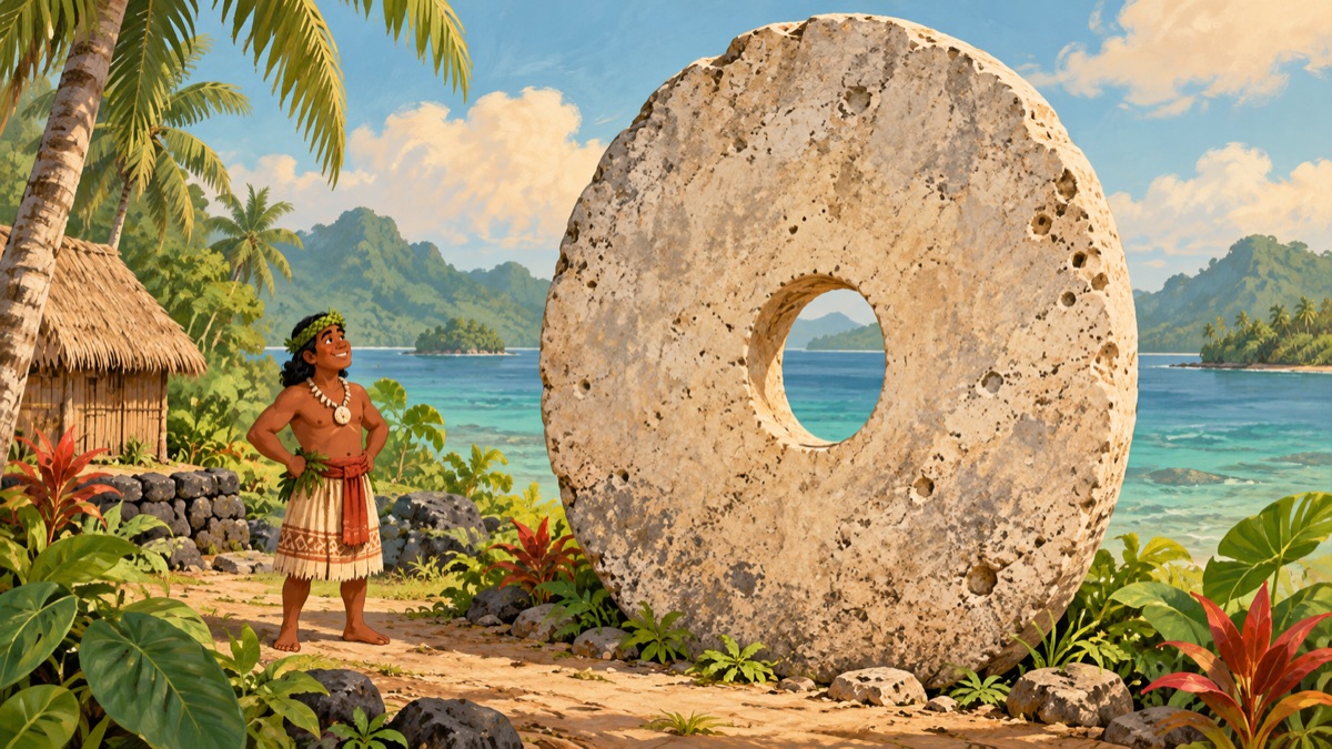 Photo of a giant round rai stone with a hole in the middle on Yap, taller than the person standing beside it