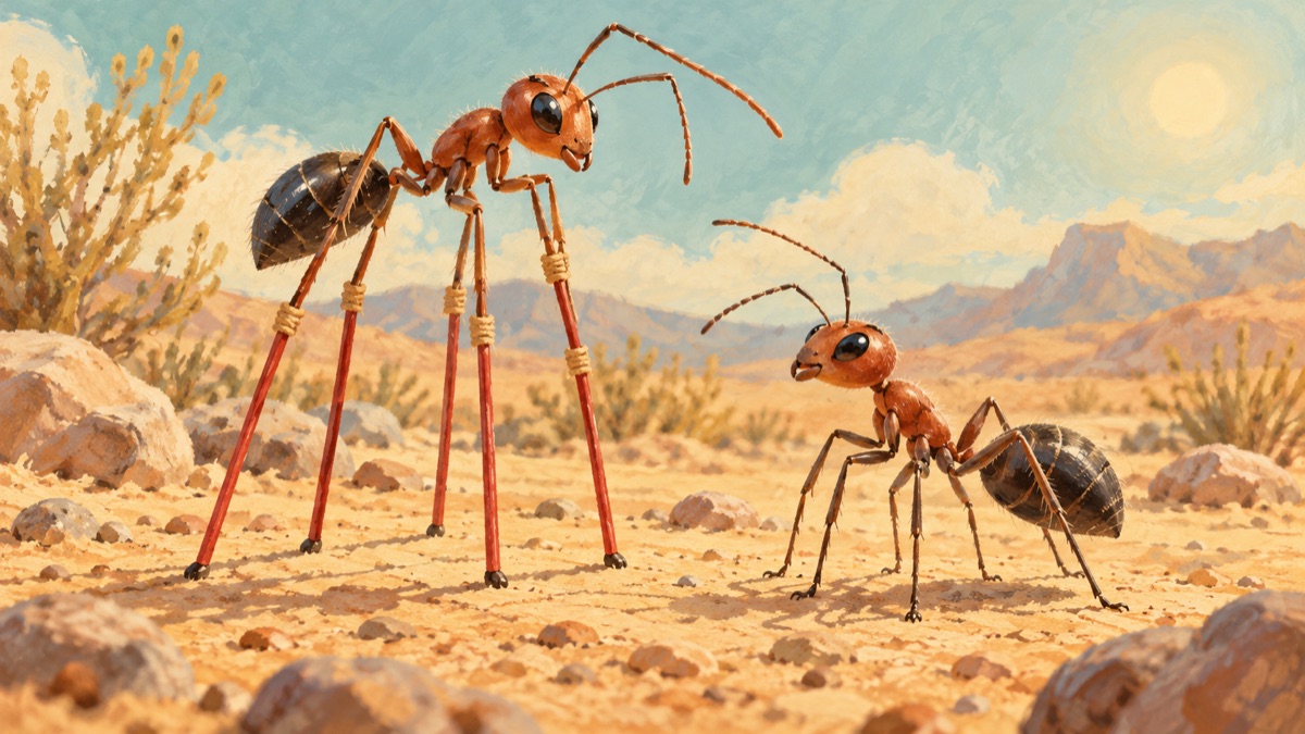 Close-up photo of a desert ant with thin red pig-bristle stilts glued to its legs, next to a normal ant