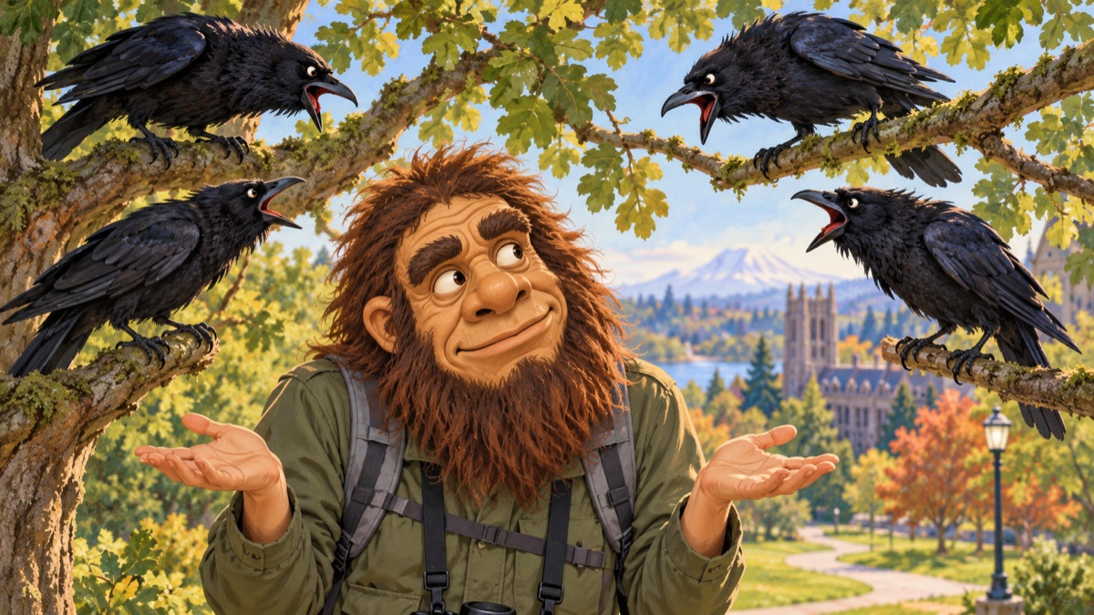 Photo of a researcher in a rubber caveman mask with crows scolding from nearby branches