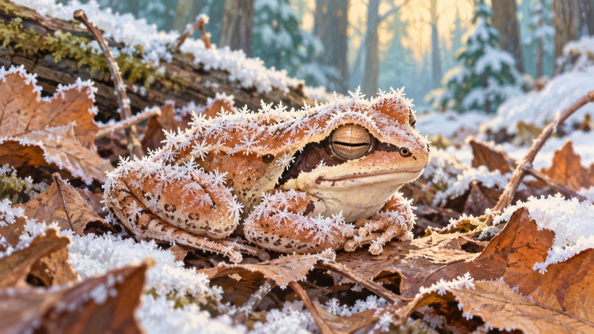 Photo of a wood frog covered in frost and frozen stiff on the forest floor