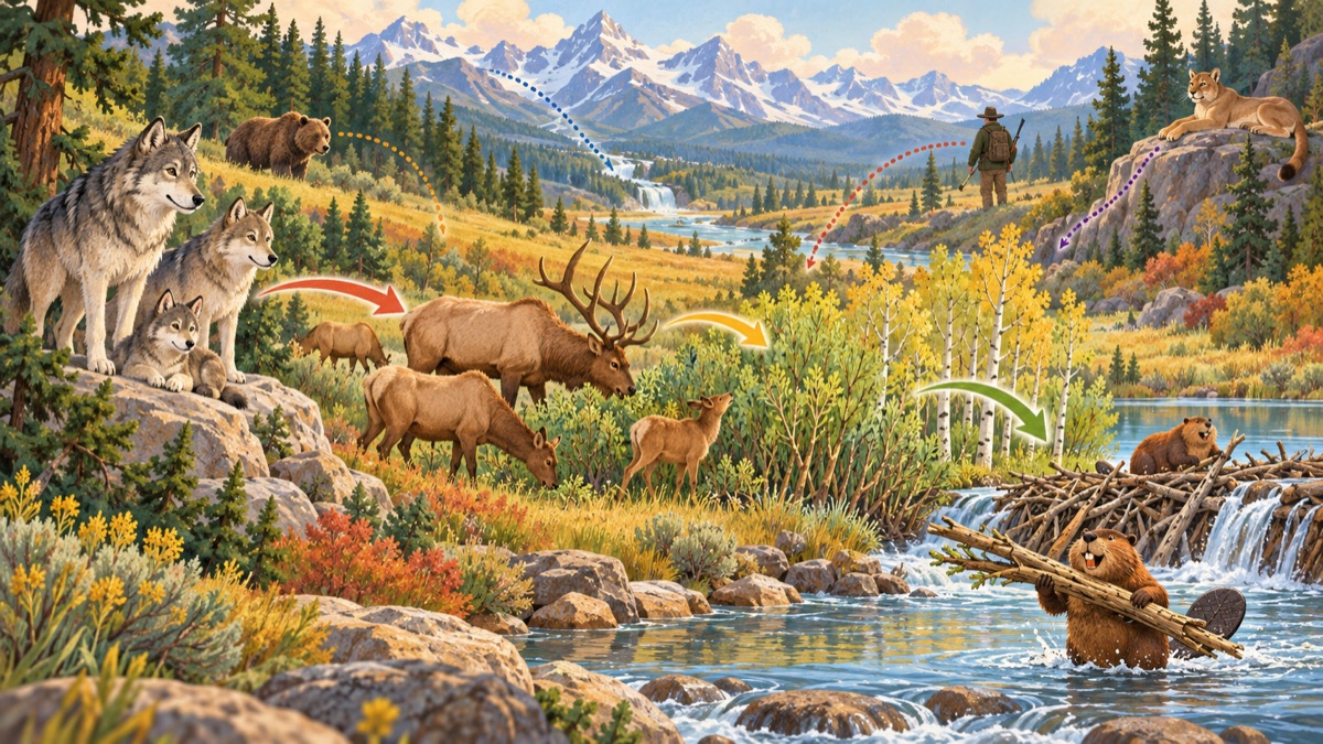 Diagram of the claimed ripple down the food chain: wolves, then elk, then willow and aspen, then beavers, alongside other possible causes like bears, cougars, hunting and water