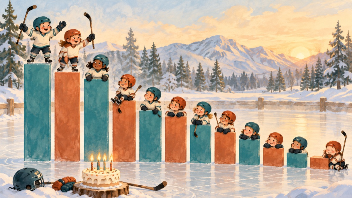 Bar chart of elite youth hockey players by birth month, tall bars for January to March shrinking to short bars for October to December