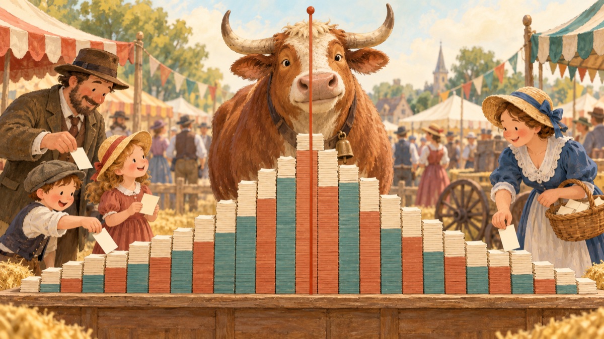Histogram of 787 guesses of the ox's weight, spread widely but centred almost exactly on the true weight