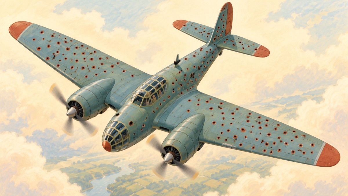 Modern illustration of a returning warplane with red dots marking bullet holes on the wings, tail and body, but almost none on the engines